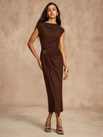 Elegant Sleeveless Maxi Dress Polyester Ruched High Waist Side Split Slim Fit Solid Color Round Neck For Women