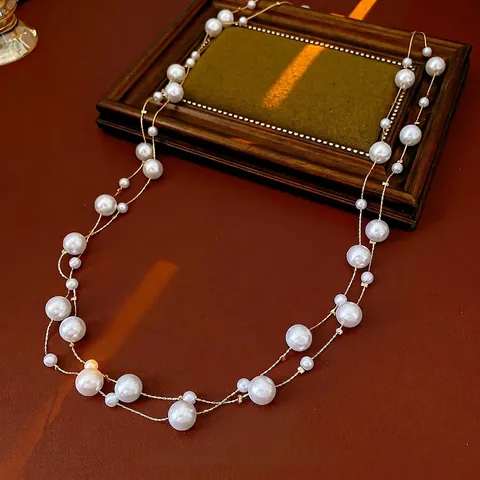 Extra Lange Künstliche Perlenkette Vintage Gold Legierung Kette Mehrlagige Pulloverkette Mode Schmuck Für Damen
