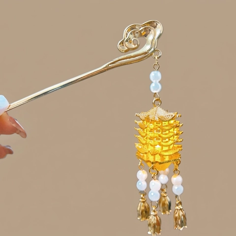 Luminous Hair Stick Ancient Chinese Style Pagoda Tassel Hairpin Alloy Faux Artificial Pearl Glow Headwear For Women Hanfu Accessory