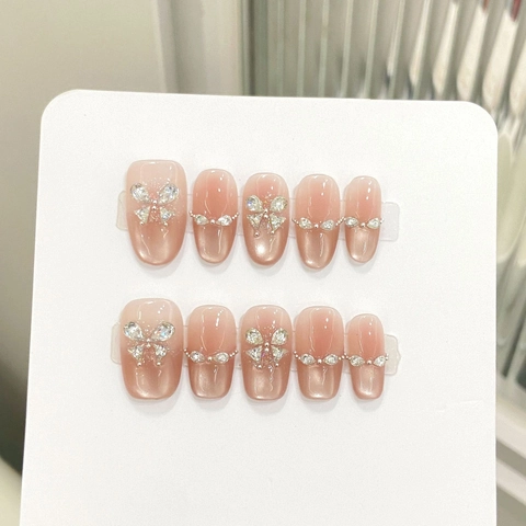 Τεχνητά Νύχια Cat Eye Champagne Gold Gradient Χειροποίητα Με Πεταλούδα Ζιργκόν Και Στρας Γαλλικού Στυλ Κομψά Για Γυναίκες