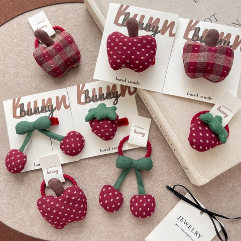 Fabric Fruit Hair Clips And Ties Plaid Polka Dot Apple Mushroom Shape Handmade Sweet Accessories For Girls Kids