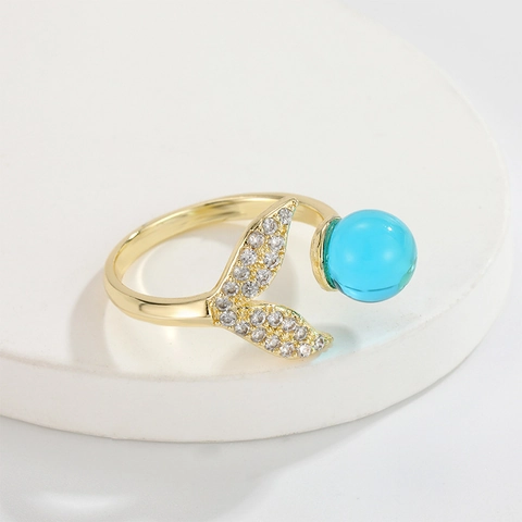 Mermaid Tail Adjustable Open Ring Copper With Micro Pave Zircon And Blue Synthetic Bead Elegant Sea Theme Jewelry For Women