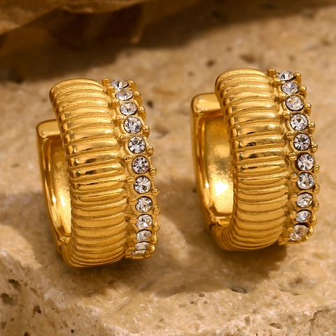 Gerippte Strukturierte Creolen Edelstahl Mit Zirkonia Gold Vergoldet Vintage Schmuck Damen