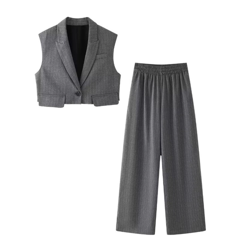 Gilet Corto Senza Maniche E Pantaloni A Gamba Larga Completo Misto Lino Ufficio Elegante Da Donna