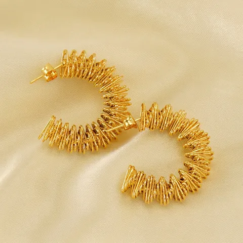 Stainless Steel C Shape Hoop Earrings 18K Gold Plated Spiral Woven Texture Retro Minimalist Style For Women