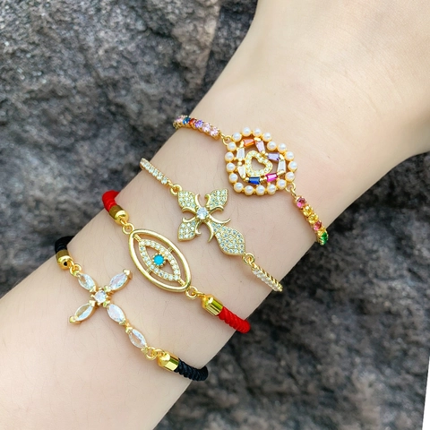 Pulsera de Cobre Ajustable de Moda para Mujer Bañada en Oro con Dijes de Circonia Corazón Ojo Turco Cruz Fleur De Lis