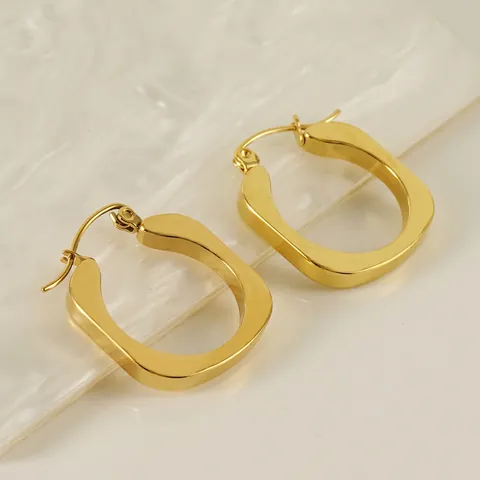 U-Shaped Hoop Earrings For Women 18K Gold Plated Stainless Steel Geometric Square Thick Modern Minimalist Polished Jewelry