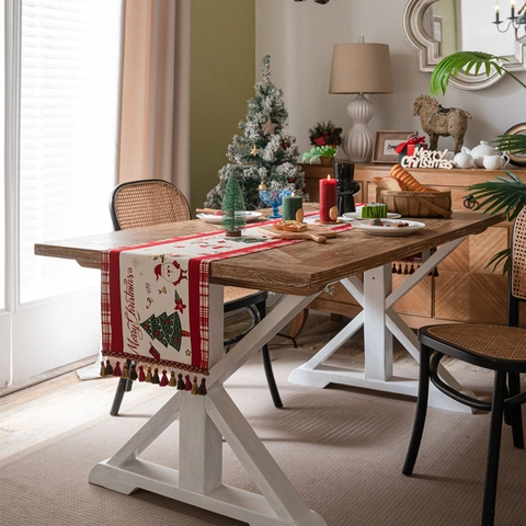 Runner Da Tavola Natalizio Quadri Rossi Jacquard Pupazzo Di Neve Poliestere Nappe Decorazione Tavola