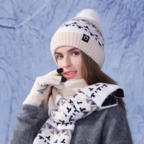 Winter Gebreide Muts Sjaal En Touchscreen Handschoenen Fleece Gevoerd Warm Pompon Jacquard Geometrisch Koud Weer Buiten Dames