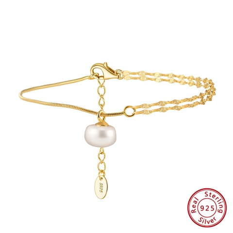 Bracelet Multi Rangs En Argent Fin 925 Avec Perle D'eau Douce Chaîne À Paillettes Dorée Bijoux Pour Femmes