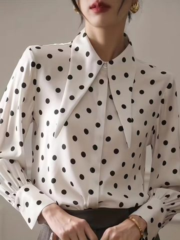 Elegant Polka Dot Blouse Women Satiny Polyester Pointed Collar Lantern Long Sleeve French Vintage Office Shirt