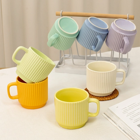 Ribbed Striped Ceramic Mug Macaron Color Minimalist Coffee Tea Cup Stackable Design Porcelain Drinkware Kitchen Office