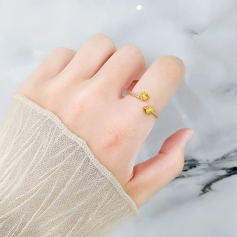 Adjustable Double Heart Birthstone Ring Copper Zircon Open Band Jewelry Fashion Elegant Gift For Women Multiple Colors