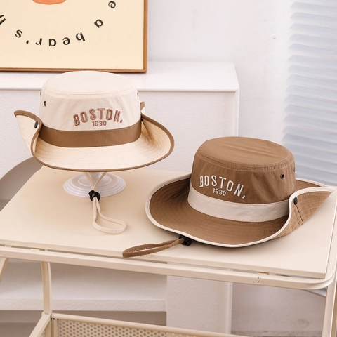 Kids Outdoor Sun Hat Polyester Breathable Fast-Drying Safari Bucket Hat Adjustable Drawcord Boston 1630 Embroidery