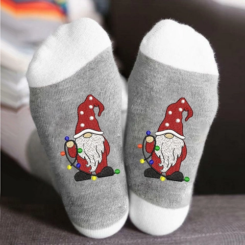 Christmas Mid Calf Crew Socks Cotton Knit Breathable Embroidery Gnome Pattern Festive Casual Novelty Men Women