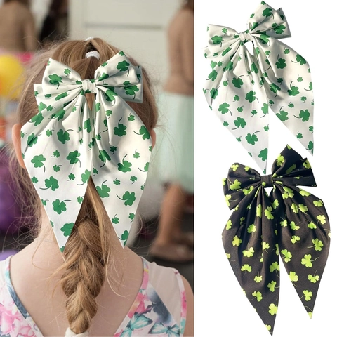 Grande Barrette À Cheveux Noeud Tissu Imprimé Trèfle Long Ruban Pince À Ressort Accessoire Saint Patrick Femmes Filles