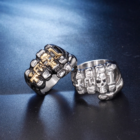 Men Fist Skull Ring Stainless Steel Punk Rock Biker Vintage Gold Silver Two Tone Gothic Engraved Statement Jewelry
