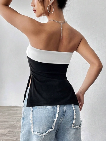 Women Color Block Tube Top Polyester Spandex Slim Fit Strapless Bandeau Top With Side Slit Summer Sexy Hot Girl Style