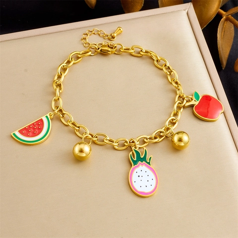 Bracelet Pendentif Fruits D'été Acier Inoxydable Plaqué Or Pastèque Pitaya Pomme Bijoux En Émail Pour Femmes