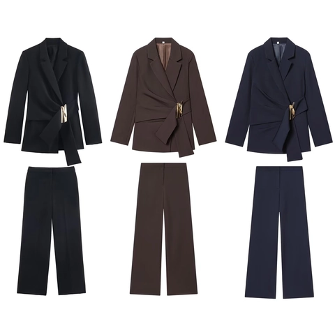Women Blazer And Wide Leg Pants Office Lady Business Commute Elegant Solid Color Long Sleeve Gold Buckle Formal