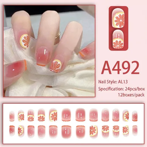 Summer Fruit Orange Lemon Press On Nails Kurz Rund Farbverlauf Gelb Abnehmbare Künstliche Falsche Nägel Für Frauen