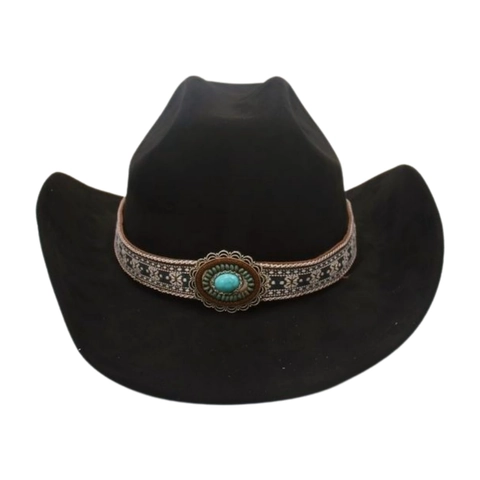 Westerse Cowboyhoed Namaaksuède Retro Etnisch Geborduurde Band Turkoois Steen Brede Rand Vintage Bohemien Fedora