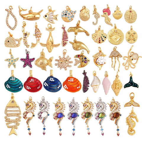 Ciondoli Pendenti Gioielli DIY Animali Marini Rame Zircone Smalto Cavalluccio Marino Coda Di Ballena Lisca Di Pesce Conca