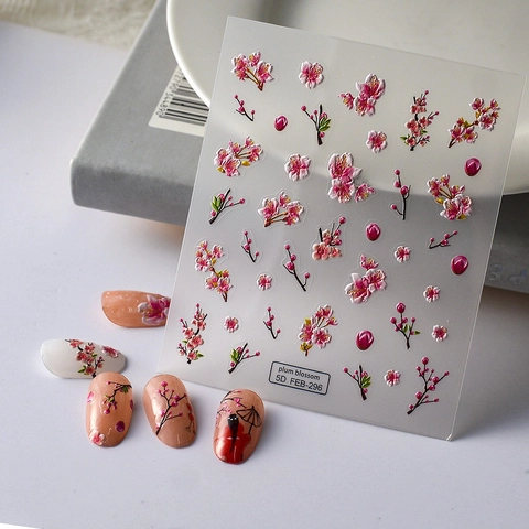 Pegatinas para Uñas en Relieve 5D Estilo Chino Flor de Ciruelo Bambú Autoadhesivas Vintage Calcomanías para Uñas Mujer Decoración