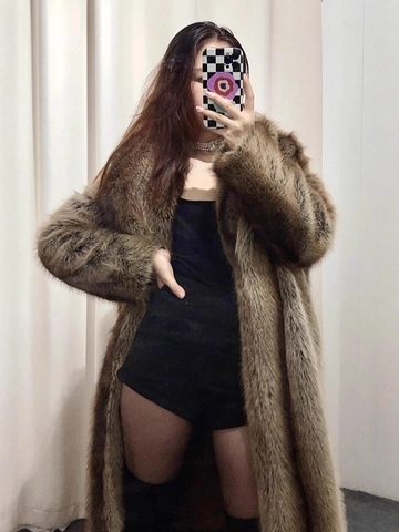 Faux Fur Long Coat Women Shawl Collar Fluffy Artificial Fox Fur Overcoat Elegant Winter Outerwear Casual Warm