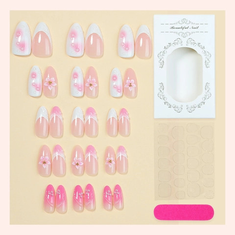 Uñas De Presión Con Flores Rosas 3D Acentos De Perlas Artificiales Degradado Punta Francesa Forma De Almendra Largas Uñas Postizas