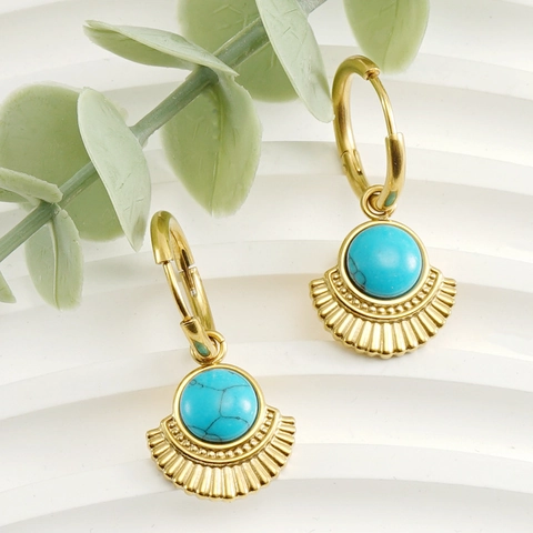 Vintage 18K Gold Plated Stainless Steel Fan Shaped Hoop Earrings With Turquoise Stone Bohemian Style Women