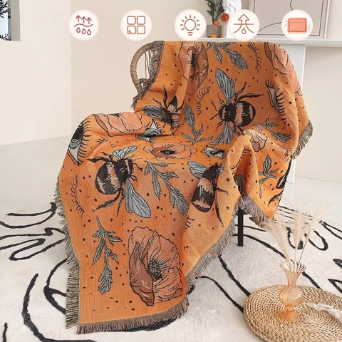 Gewebte Baumwolldecke Bienen Blumenmuster Boho Quasten Multifunktionale Camping Picknick Sofaüberwurf Vintage Dekorative