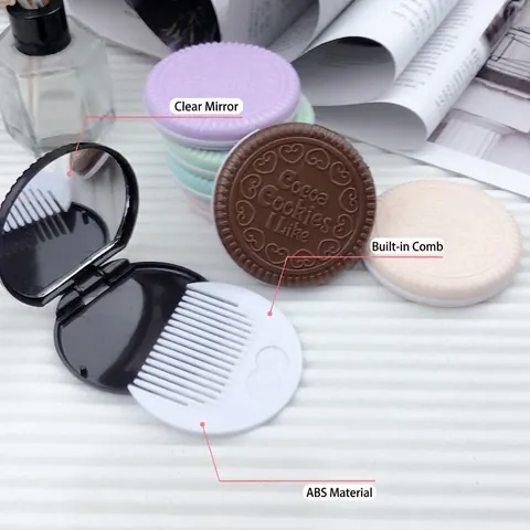 Portable Mirror And Comb Chocolate Cookie Shape Folding Makeup Vanity Mirror With Mini Hair Brush Travel Accessories For Girls