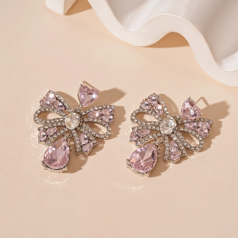 Pink Bow Waterdrop Dangle Earrings Rhinestone Alloy Jewelry With Silver Earring Post Elegant Sweet Style For Women