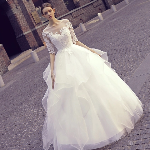 Bridal Wedding Dress Off Shoulder Lace Half Sleeves Embroidery Tulle Ball Gown Retro Forest Fairy Style Gown For Women