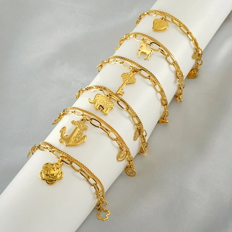 Double Layer Charm Bracelet 18K Gold Plated Stainless Steel Trendy Hip Hop Layered Jewelry For Women Elephant Heart Key