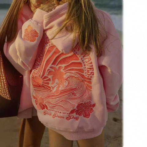 Women Oversized Hooded Sweatshirt Everything Comes In Waves Graphic Top Printed Pullover Casual Streetwear For Teen Girls