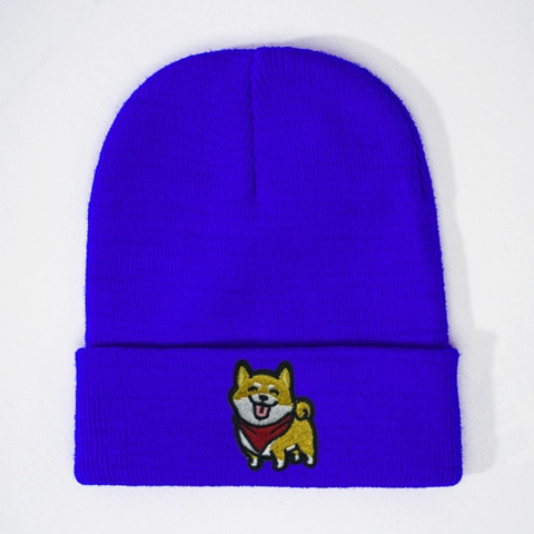 Shiba Inu Embroidered Acrylic Knitted Beanie Cuffed Ribbed Winter Warm Skull Cap For Women Men Casual Hat