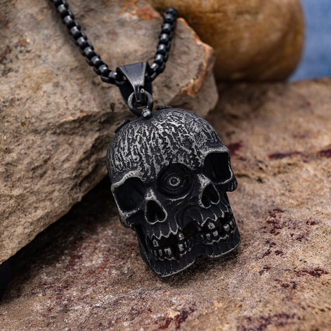 Retro Skull Pendant Necklace Stainless Steel Ghost Face Gothic Punk Heavy Metal Jewelry For Men And Women
