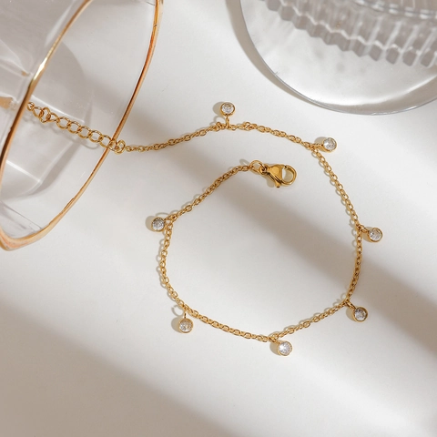 Tobillera de Acero Inoxidable Chapado en Oro 18K con Strass Redondo para Mujer Pulsera de Tobillo de Cadena Ajustable Minimalista Joyería Regalo