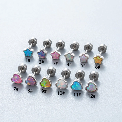 Heart Star Cartilage Stud Earrings Synthetic Opal Titanium Steel Screw Back Piercing Jewelry Colorful Small