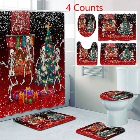 Christmas Shower Curtain Waterproof Polyester Holiday Winter Print With Non-Slip Bathroom Mats And Toilet Lid Cover