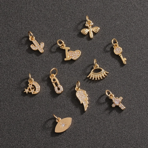 DIY Schmuck Charms Herstellung Gold Plated Messing Zirkon Kreuz Kaktus Schlüssel Biene Auge Flügel Mond Stern Herz Büroklammer Anhänger