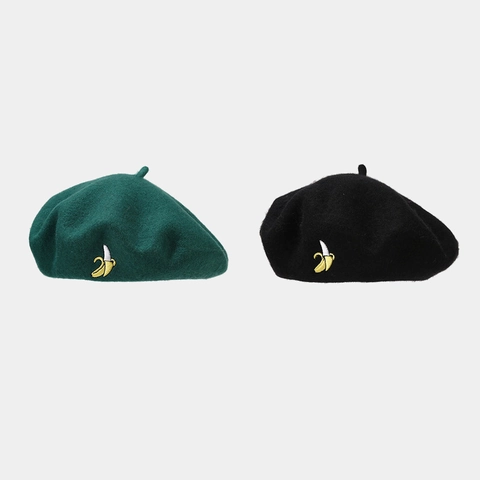 Boina De Lana Para Mujer Bordado De Plátano Estilo Japonés Sombrero De Pintor De Fieltro Accesorio De Invierno