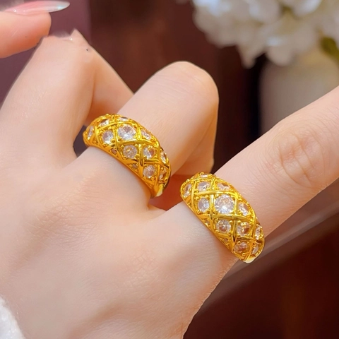 Gesteppter Gittermuster Ring Goldbeschichtet Kupfer Zirkon Verstellbar Offen Geometrisch Retro Palast Stil Schmuck Damen