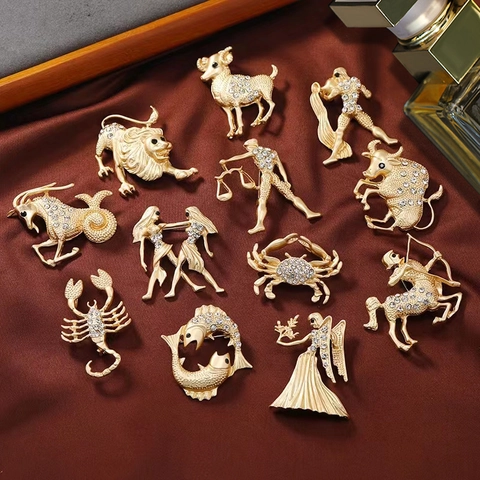 12 Zodiac Signs Brooch Alloy Gold Plated Rhinestone Vintage Animal Angel Form Breastpin For Women Men Clothing Jewelry