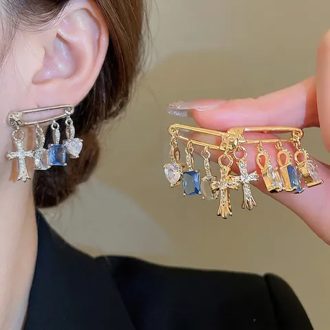 Sicherheitsnadel Tropfenohrringe Kreuz Herz Blauer Zirkon Anhänger Kupfer Schmuck Mit Silbernem Ohrstecker Für Damen