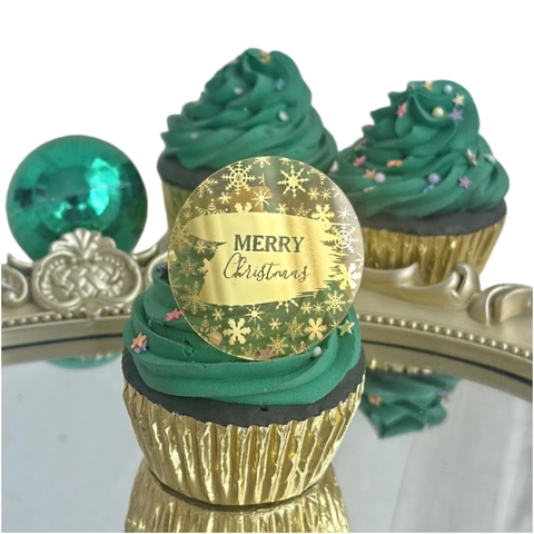 Acrylic Round Disc Cake Toppers Merry Christmas Cupcake Decorations Mirror Reflective Holiday Party Supplies