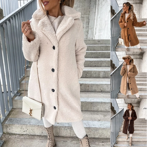 Damen Teddy Mantel Kunstpelz Jacke Plüsch Übergroß Warm Langarm Revers Einreihig Lässig Herbst Winter Oberbekleidung