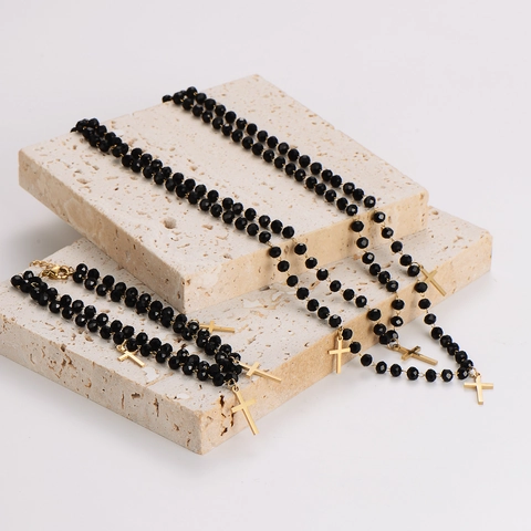 Collar Y Pulsera De Rosario Colgante De Cruz Cuentas De Vidrio Negras Joyería De Acero Inoxidable Chapado En Oro 18K Para Mujer